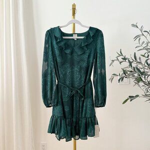 Joie NWT Green Jacquard Floral Mini Dress | Ruffle Neck | Size S